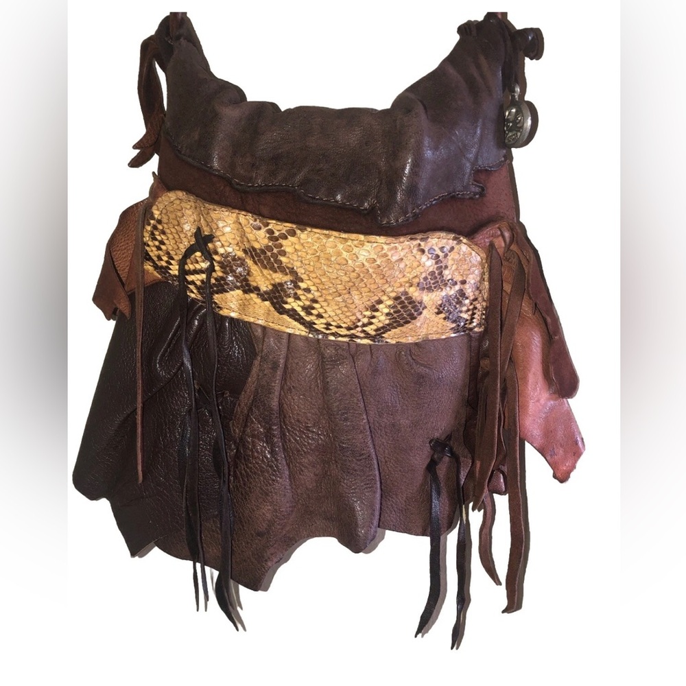 VTG ERDA 80s Brown Deer & Snake Leather Fringe Crossbody Bag